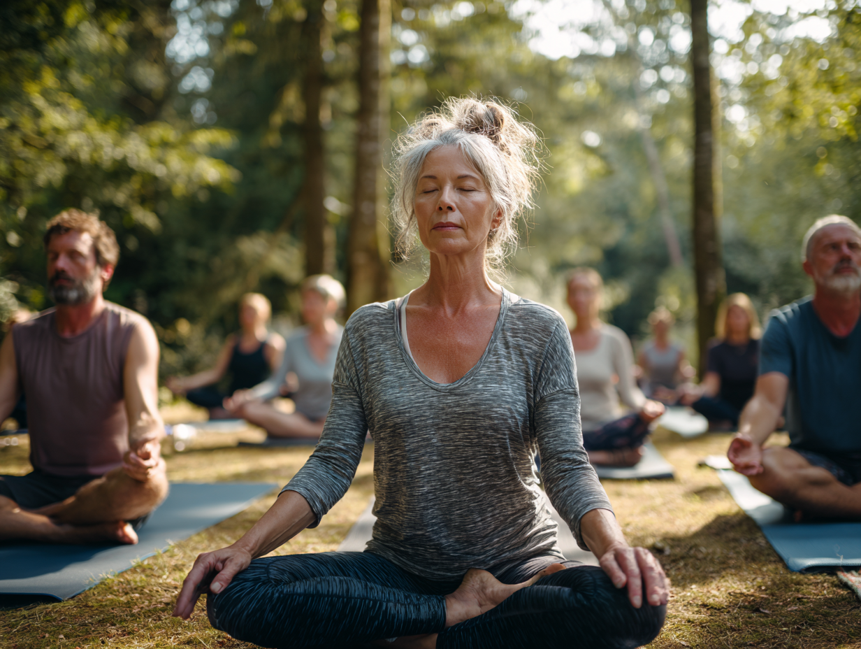 Skupina ľudí rôzneho veku praktizujúca jógu v pokojnom prostredí