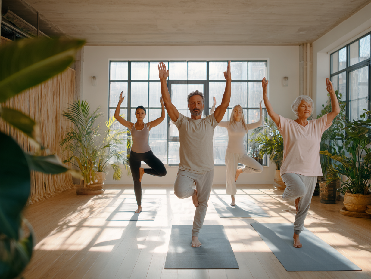 Skupina ľudí rôzneho veku v pokojnom prostredí praktizujúca jógu a meditáciu